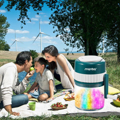MANBA hand-crank action in use producing fluffy shaved ice outdoors