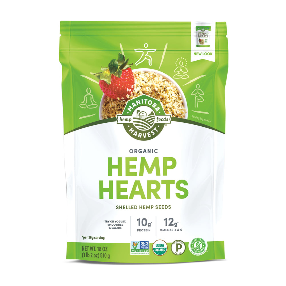 Manitoba Harvest front pack showing 18 oz bag and organic label benefit
