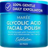 MAREE front packaging showing 50 glycolic acid pads and benefits