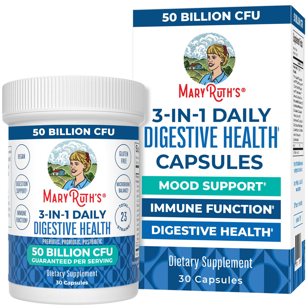 MARYRUTH'S front bottle showing 3-in-1 probiotic benefits and modern label