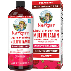 MARYRUTH'S front bottle view showing raspberry label and servings benefit