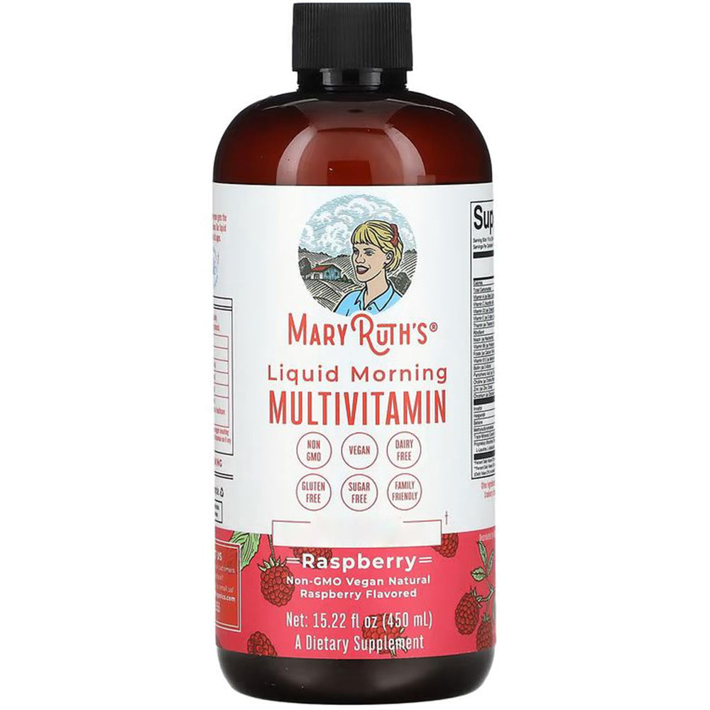 MARYRUTH'S front bottle shot showing raspberry flavor and label benefits
