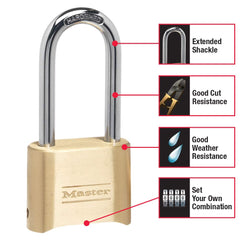 Master Lock 175DLH long shackle close-up demonstrating extra reach for hasps