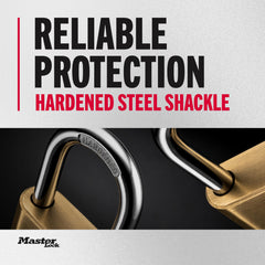 Master Lock close-up of hardened steel long shackle illustrating cut resistance