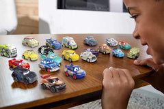 Top view of the 21 mini Cars vehicles laid out to show variety and colors from Mattel