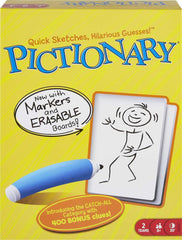 Mattel Games Pictionary front box view showing game title and family appeal