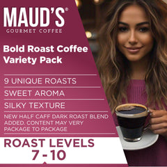MAUD'S pod side labels visible to identify each dark roast blend quickly
