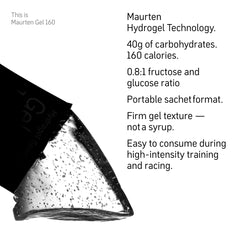 Maurten Gel 160 pouch in hand demonstrating 65g size and portability