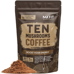 MAX FIT front packaging showing brand and 10-mushroom blend benefits for easy identification
