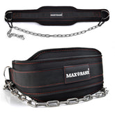 MAXRANK dip belt front view showing padded nylon and chain for secure resistance