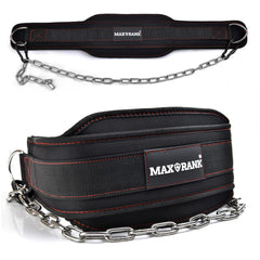 MAXRANK dip belt front view showing padded nylon and chain for secure resistance