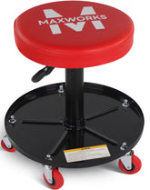 MaxWorks front view of roller seat showing cushion and tray for organized work