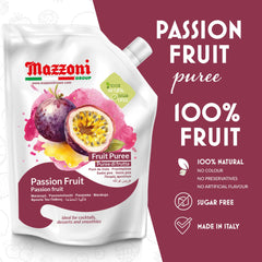 Mazzoni passion fruit puree pouring into a cocktail glass for vibrant flavor