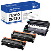 MCYCOLOR front packaging of TN760 and DR730 showing complete 3-pack benefit
