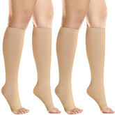 +MD front packaging of nude knee-high compression socks showing 20–30 mmHg support and benefits