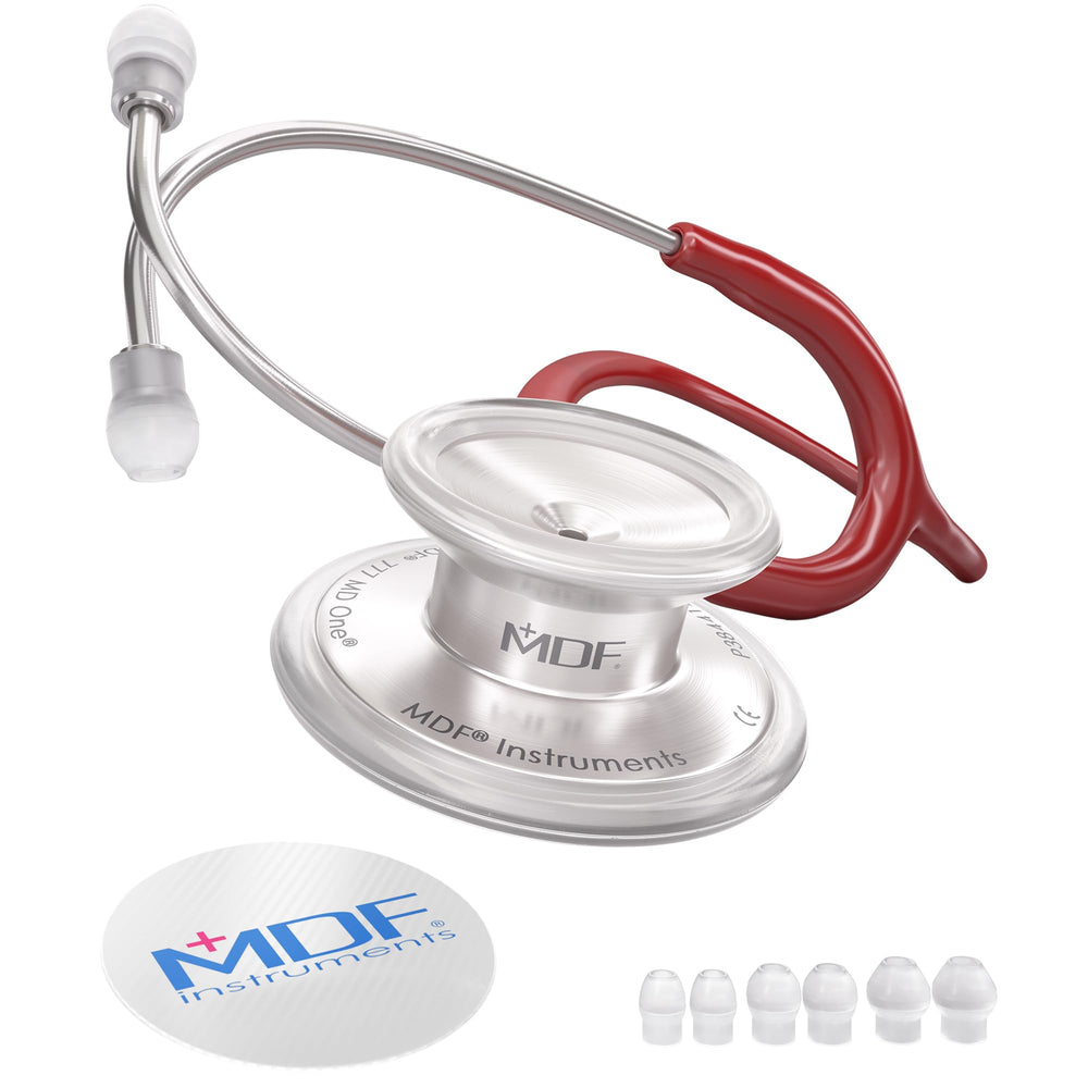 MDF Instruments MD One front view showing burgundy tube and silver chestpiece for professional appearance