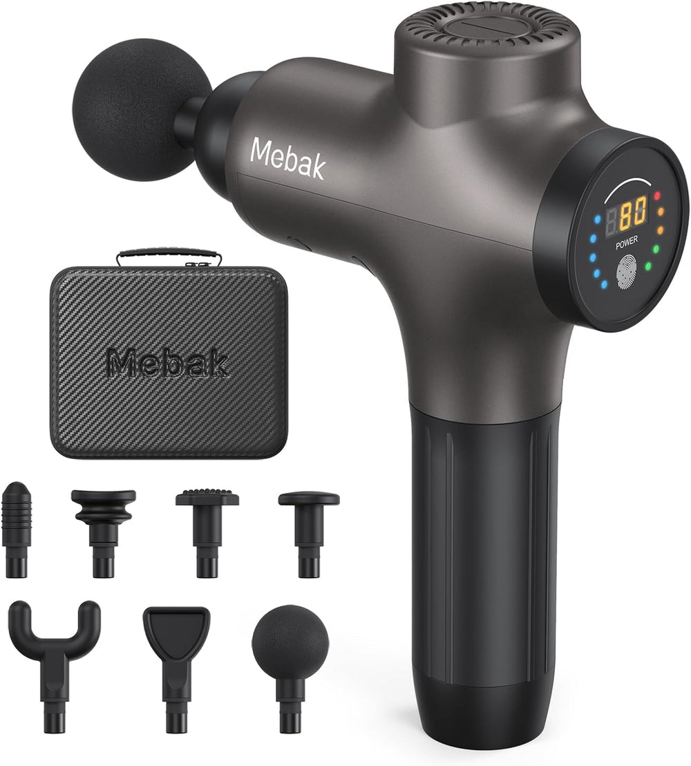 Mebak 3 front view showing compact massage gun and benefits for recovery