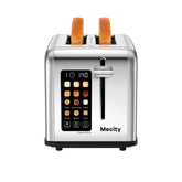Mecity stainless steel toaster front view showing sleek profile and durable finish