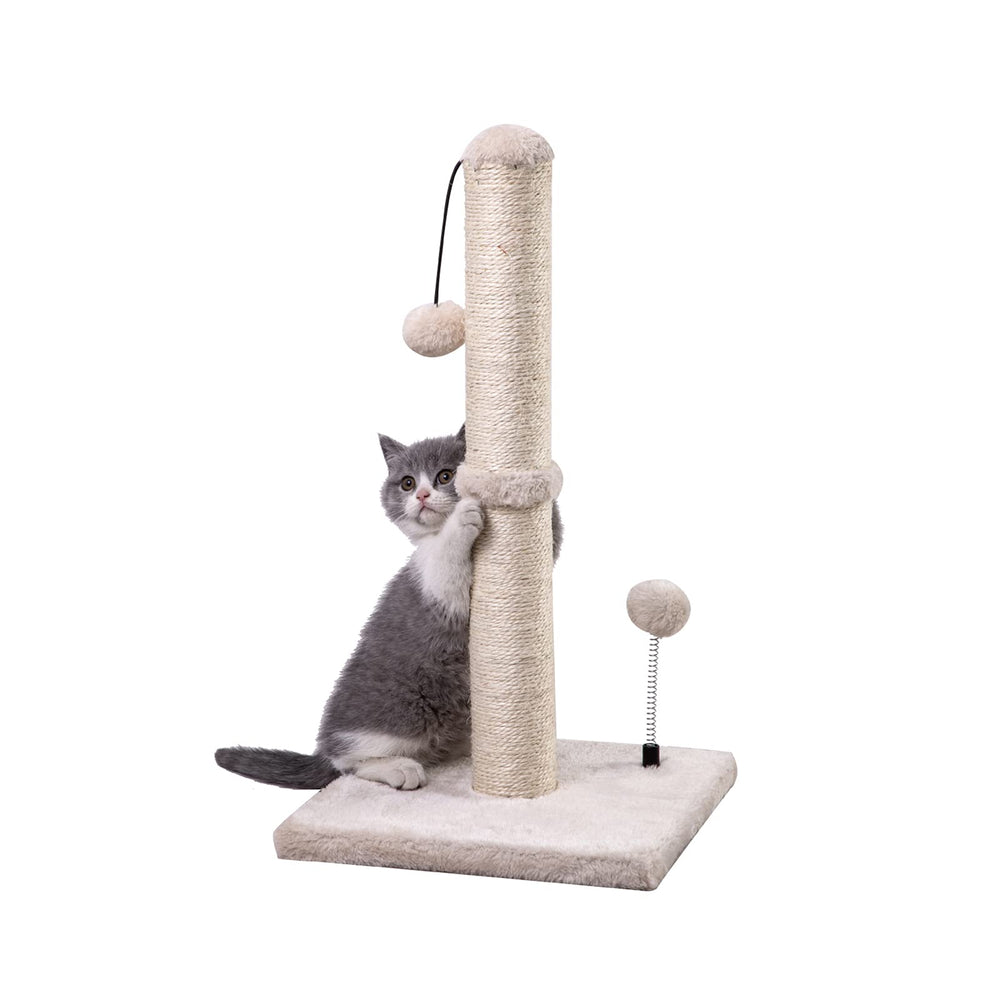 MECOOL front view of beige sisal scratching post showing stability and compact design