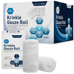 MED PRIDE front packaging showing 12-pack sterile krinkle gauze rolls and hospital-grade labeling