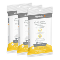 Medela front packaging of Quick Clean Wipes showing brand and count for reassurance