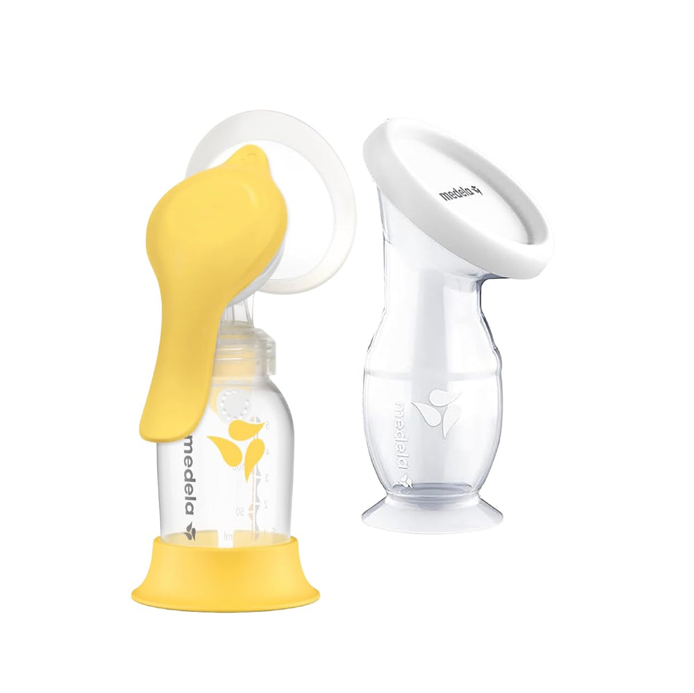 Medela Harmony front view showing compact pump and bottle, convenient for travel