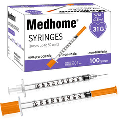 Medhome front packaging showing pack of 100 syringes and product branding for easy identification