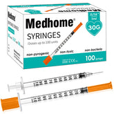 Medhome front view pack showing 100 individually wrapped syringes and convenience