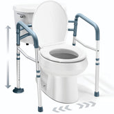 Medical king front view of full toilet safety rail showing stable frame and handles for safe transfers