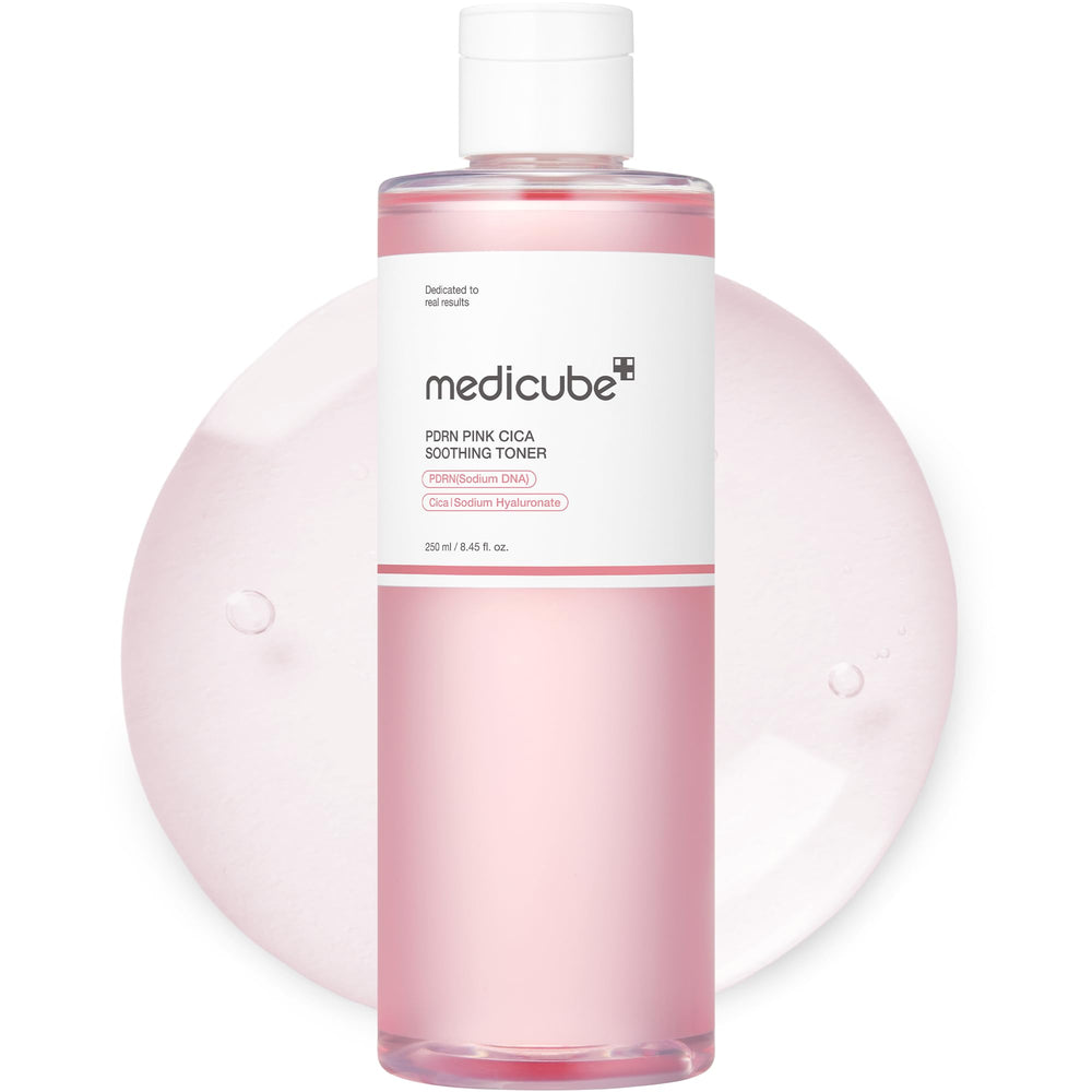 medicube front bottle view showing elegant pink toner and brand clarity
