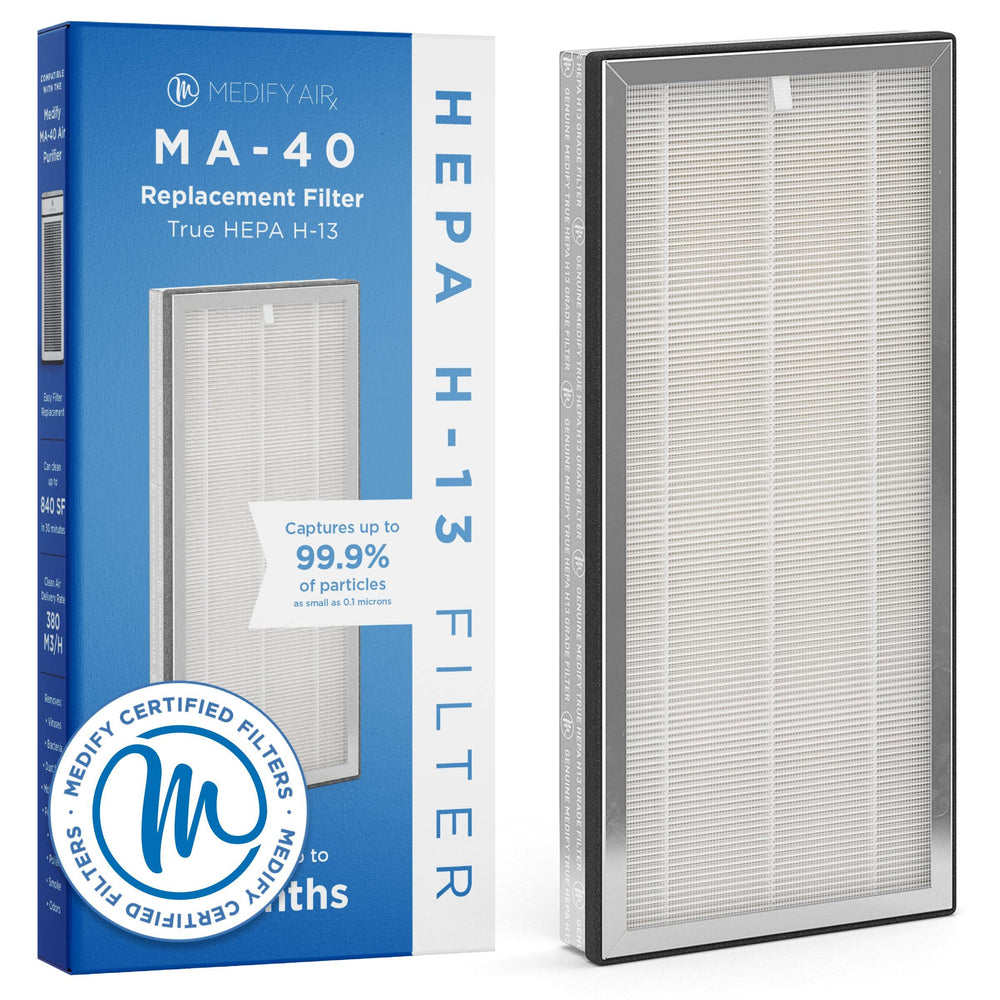 Medify Air MA-40 front view showing filter packaging and easy replacement benefit