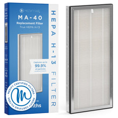 Medify Air MA-40 front view showing filter packaging and easy replacement benefit