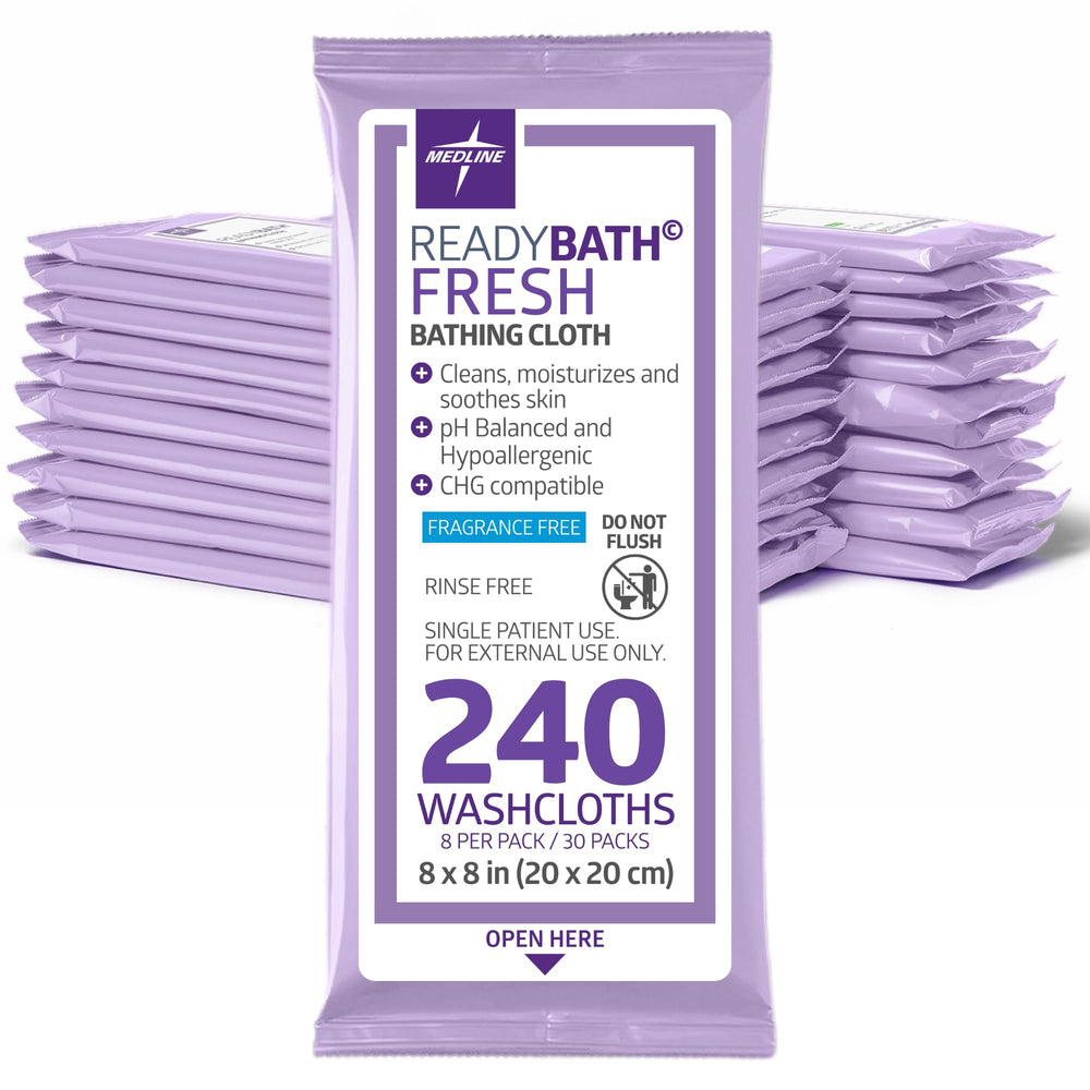 Medline ReadyBath front packaging showing sealed 8-pack packets and branding for easy storage and use
