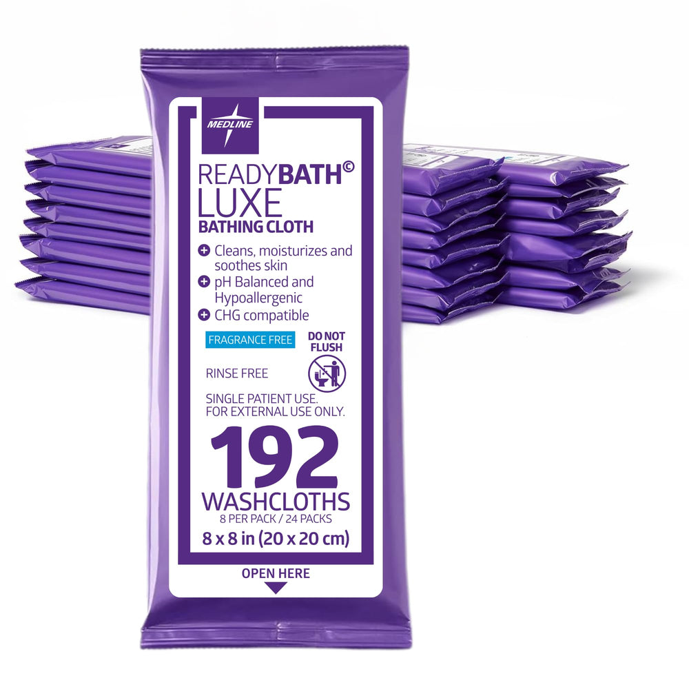 Medline ReadyBath LUXE front packaging showing pack and quantity, convenient supply