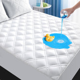MEELUS queen protector front view showing fitted cover and smooth finish for mattress protection