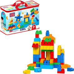 MEGA BLOKS front view of Deluxe Building Bag showing red bag and blocks, promotes tidy storage