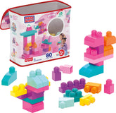Mega Bloks front packaging showing 80-piece pink building set and benefits