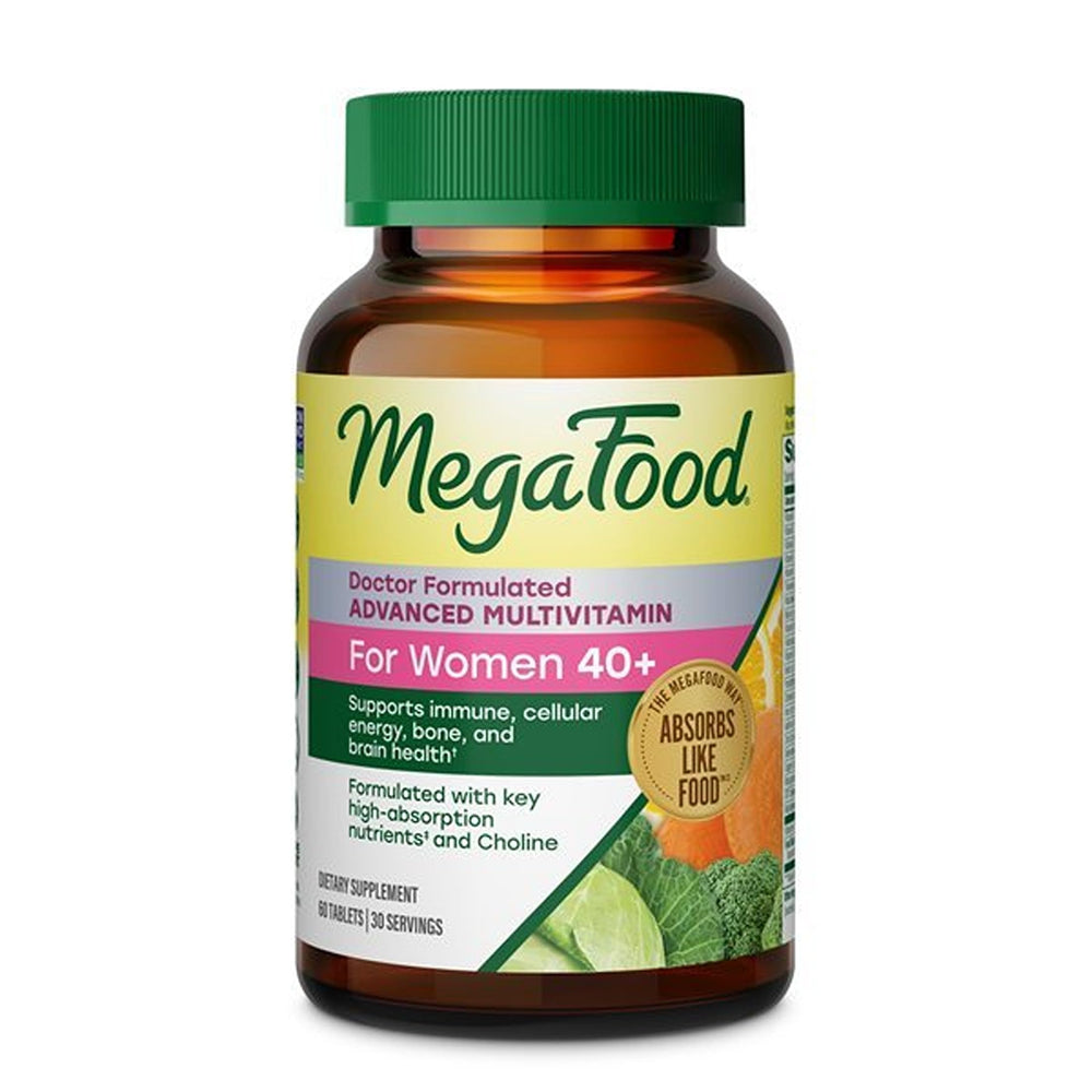 MegaFood bottle front showing Advanced Multivitamin for Women 40+, clear benefit labeling
