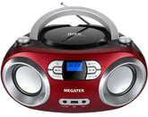 MEGATEK boombox front view showing buttons and speakers for clear playback