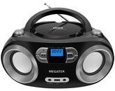 MEGATEK boombox front view showing controls and compact design for versatile placement