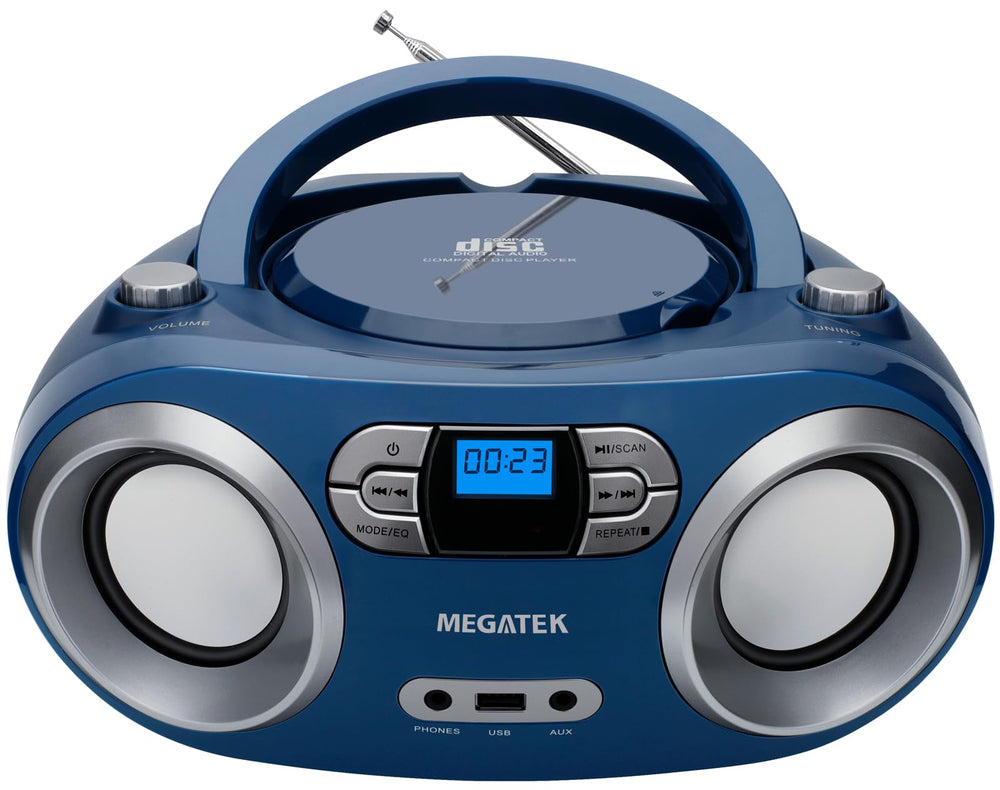 MEGATEK front view showing compact boombox and clear stereo benefit
