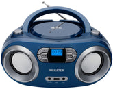 MEGATEK front view showing compact boombox and clear stereo benefit