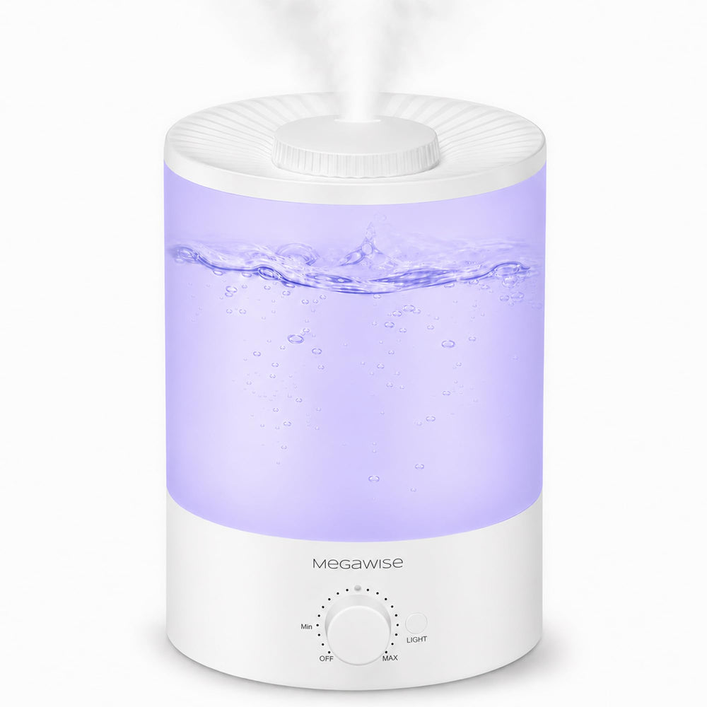 MEGAWISE front view showing humidifier and sleek bedside benefit: calm air