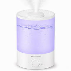 MEGAWISE front view showing humidifier and sleek bedside benefit: calm air