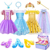 Meland front view of complete princess dress up trunk showing dresses and shoes for easy outfit choice