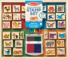 Melissa & Doug front packaging showing animal stamp set benefit creative play