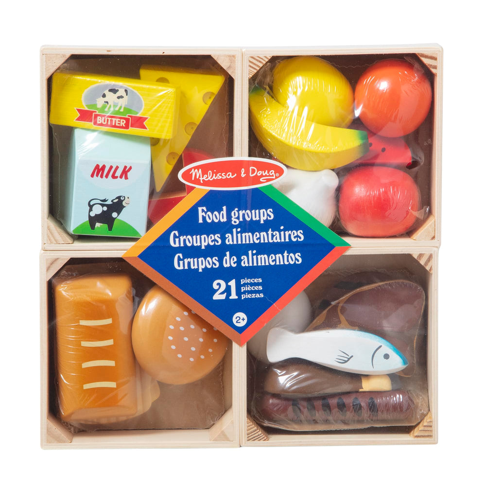 Melissa & Doug front packaging showing 21-piece food groups set and benefits