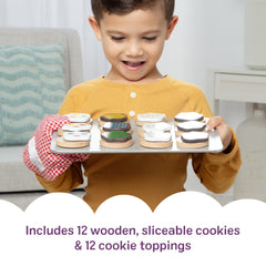 Melissa & Doug wooden spatula, knife, and oven mitt ready for pretend baking