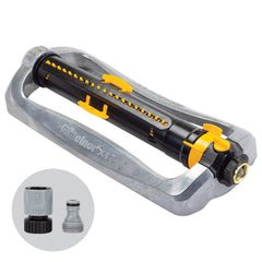 Melnor front view showing full metal oscillating sprinkler for reliable coverage