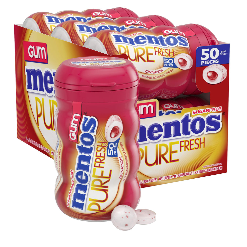 Mentos cinnamon bottle front showing label and resealable cap for convenience